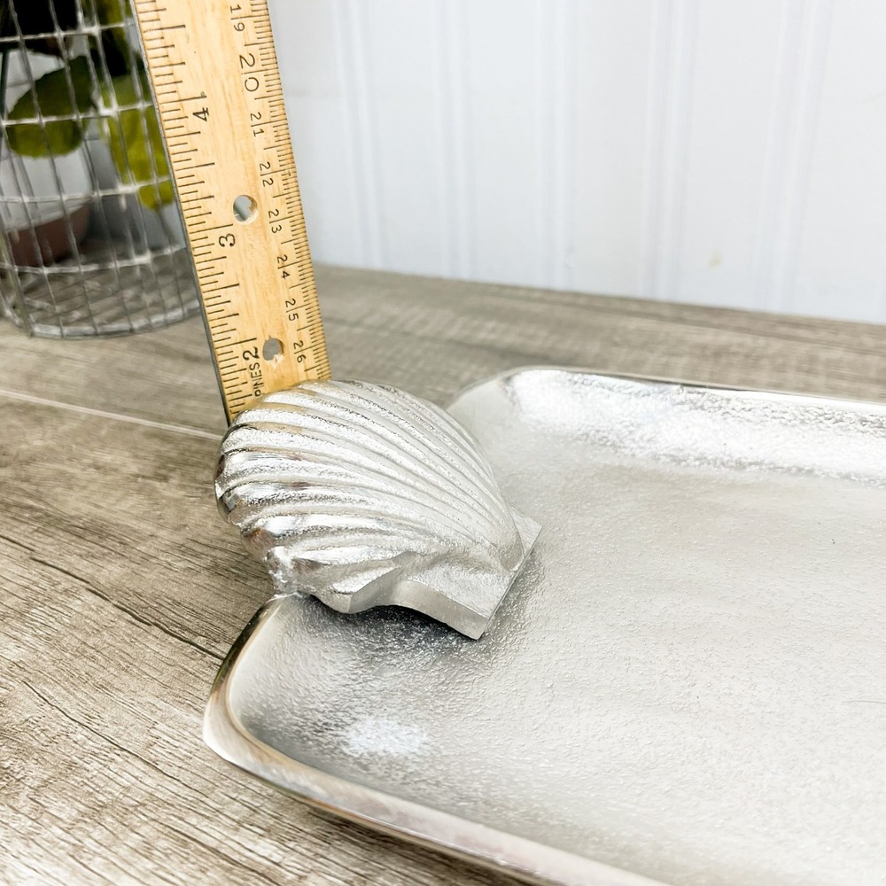 Vintage Shell Handled Silver Tray, Aluminum Serving Platter - Picture 5 of 12